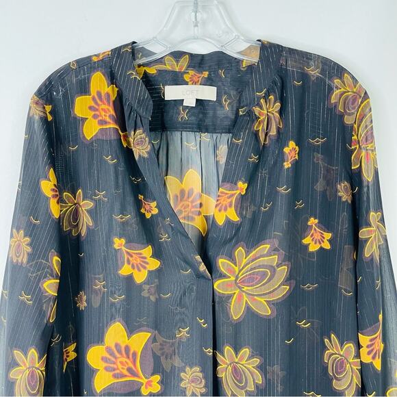 Loft black yellow floral stripe metallic semi sheer popover top medium - Picture 2 of 6